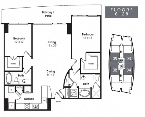 Floor plan for 2 beds, 2 baths, 1374 sqft